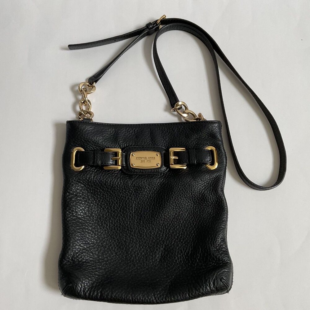 Michael Kors Hamilton Black Pebble Leather Crossbody Bag Purse with Gold Accents